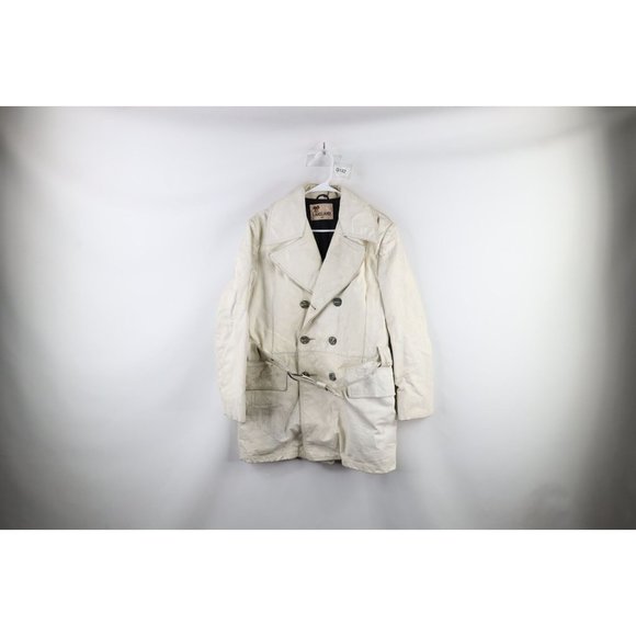 Vintage 70s Streetwear Mens 40 Distressed Belted Leather Trench Coat White USA